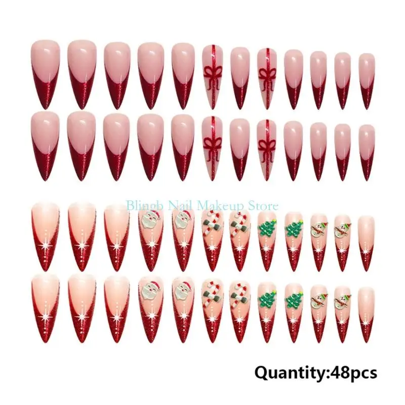 28TA 우아한 프랑스 팁 반짝이는 손톱에 프레스 48pcs 세트 긴 관 모양 눈사람 크리스마스 테마 인공 손톱 선물