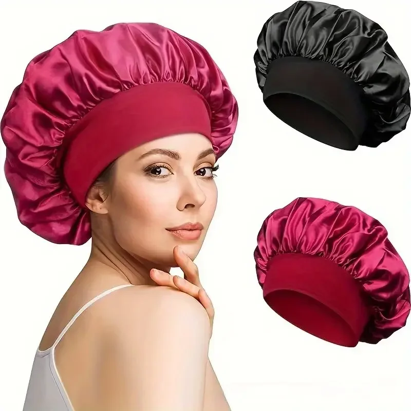 Women Satin Sleep Bonnet Wide Band Elastic Hair Wrap Night Cap Beauty Care Bathing Hat for Natural Curly Hair Gift for Women