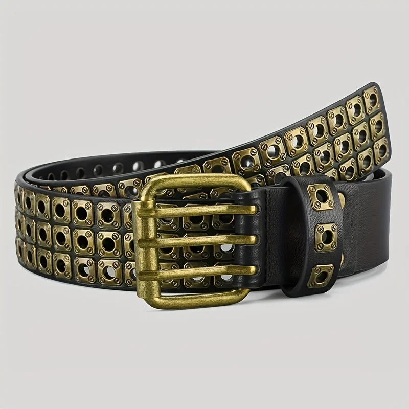 Retro Square Rivet Men\'S Belt With Double Row Needle Buckle Women\'S Belt Hip-Hop Rock Punk Y2k Style Jeans Men\'S And Women\'SBelt