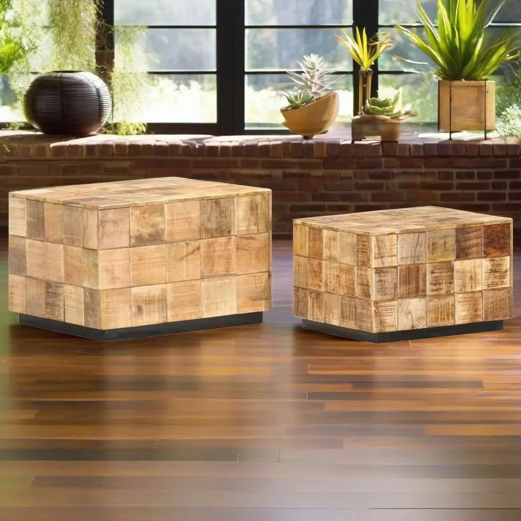 Set of 2 Block Design Coffee Tables - Crafted from Rough Wood