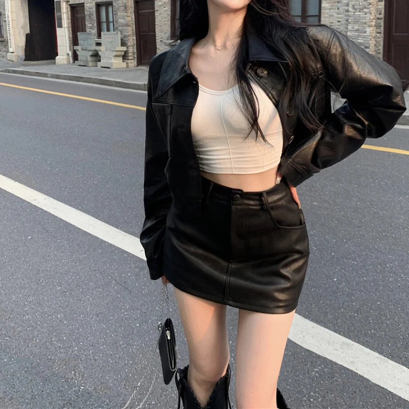 Spring New Fashion Two Piece Set PU Leather Skirt Set for Women Spicy Girl Retro Short Jacket High Waist Skinny Short Skirt Suit