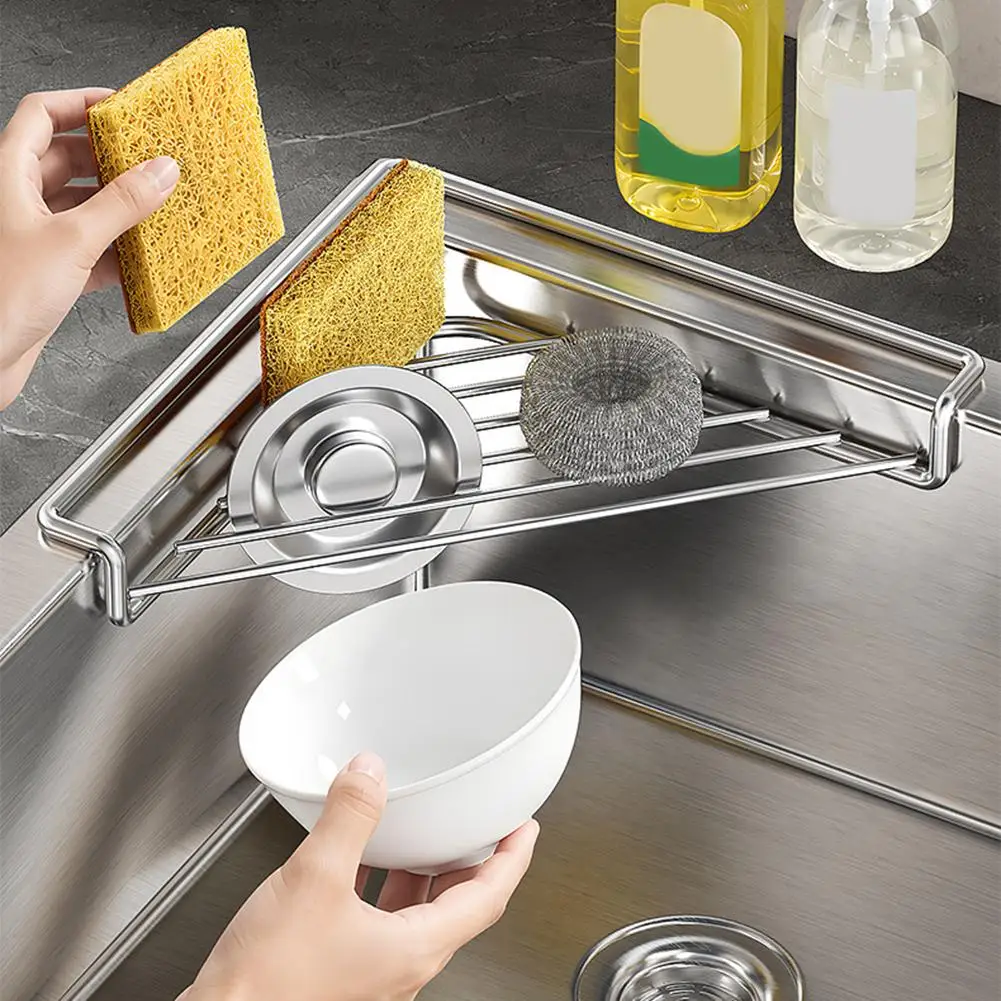 Stainless Steel Sink Corner Drain Rack Triangle Sponge Storage Holder Rust-Resistant Kitchen Basin Organizer
