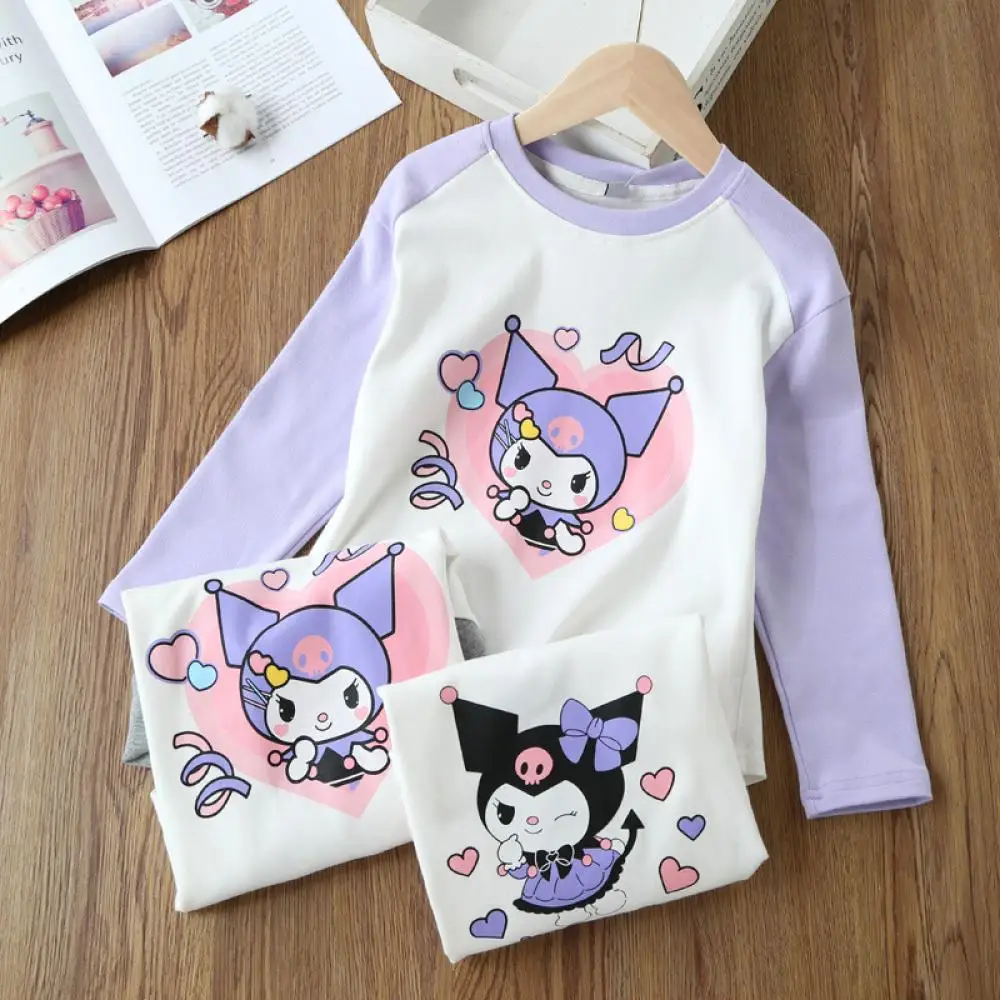 Kuromi Children T-Shirt Sanrio Spring New Girls Cute Cartoon Long Sleeve Cotton Tees Kawaii Kids Multiple Colors Loose Clothing