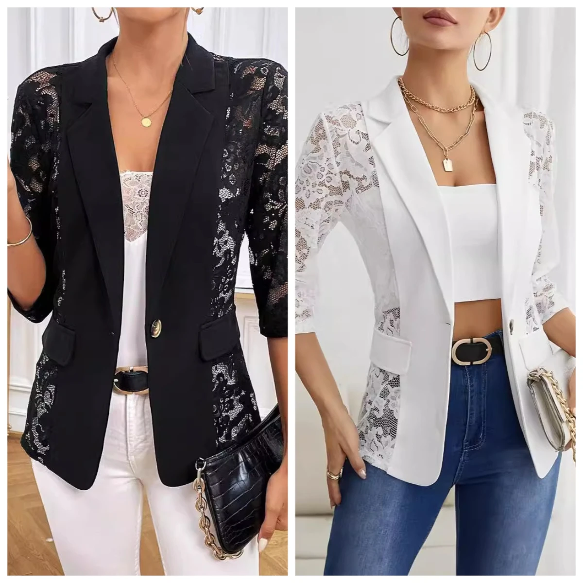 

2025 Autumn New Women's Elegant Solid Color Lace Panel Blazer Business Casual Office Wear