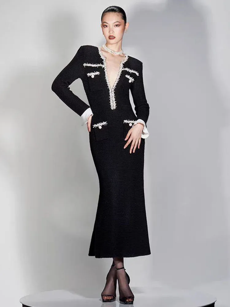 Woman clothing y2k fall and winter pearl knit fishtail dress woven V-neck Dresses2024 waist thin new long dresses Party dresses
