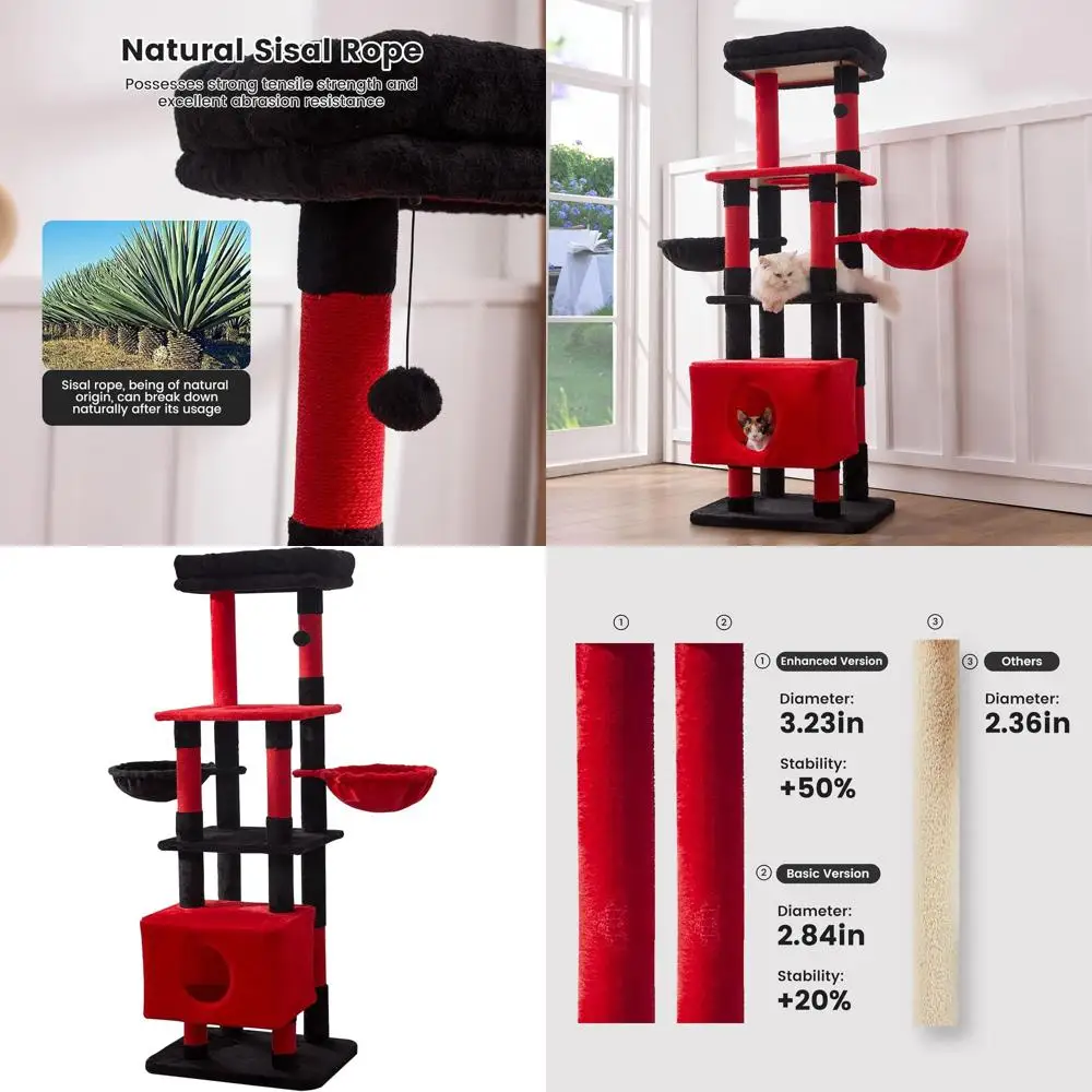 

Многоуровневая кошачья лежанка-башня увеличенного размера с сизалевой когтеточкой, гамаком и большой платформой для интенсивного использования (черно-красная)