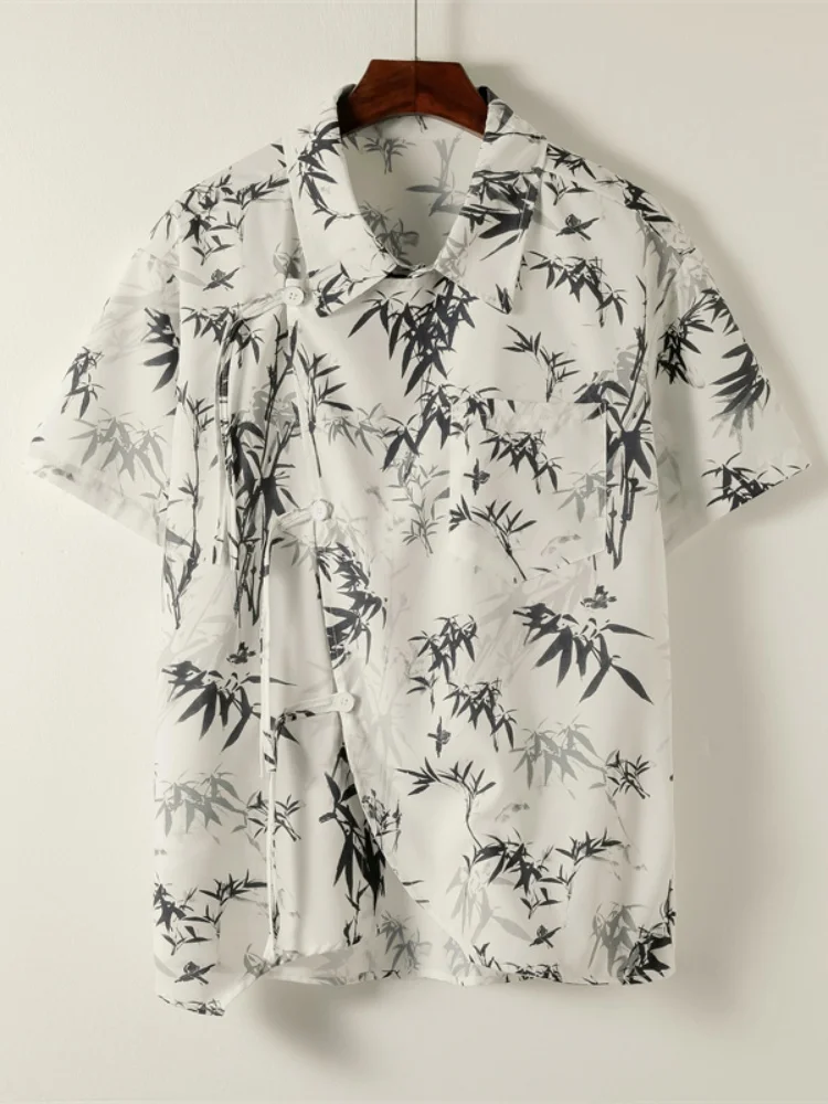 

New Chinese Sle Ice Silk ort Sve irt Bamboo Print Men's Design Sensation Button up Summer Faionable Loose Fit Top