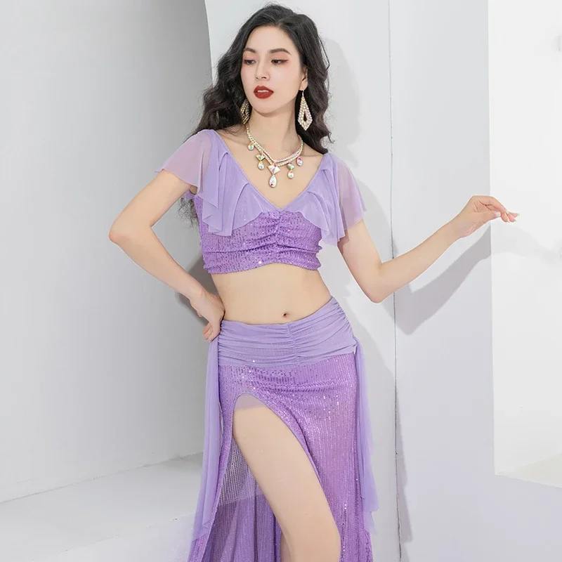 Belle lumière féerique de luxe à paillettes, costume d'entraînement de danse orientale pour femmes adultes, vêtements d'entraînement de danse du ventre