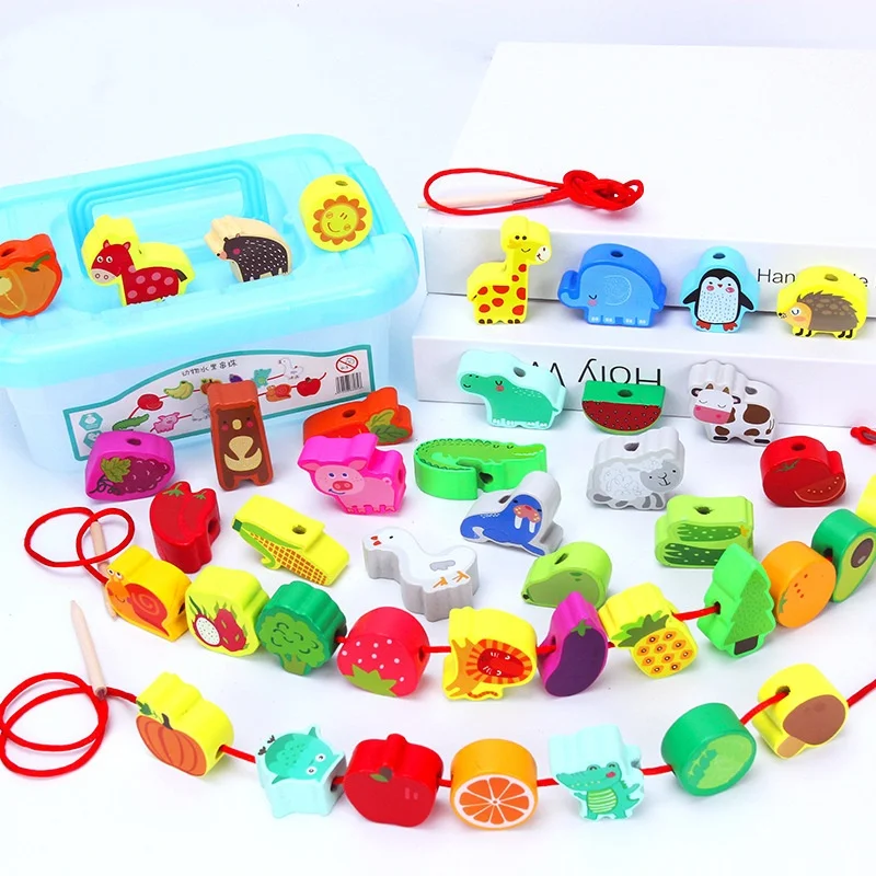21pcs Wooden Toys Baby DIY Toy Cartoon Fruit Animal Stringing Threading Wooden beads Toy Monterssori Educational for Kids Gift