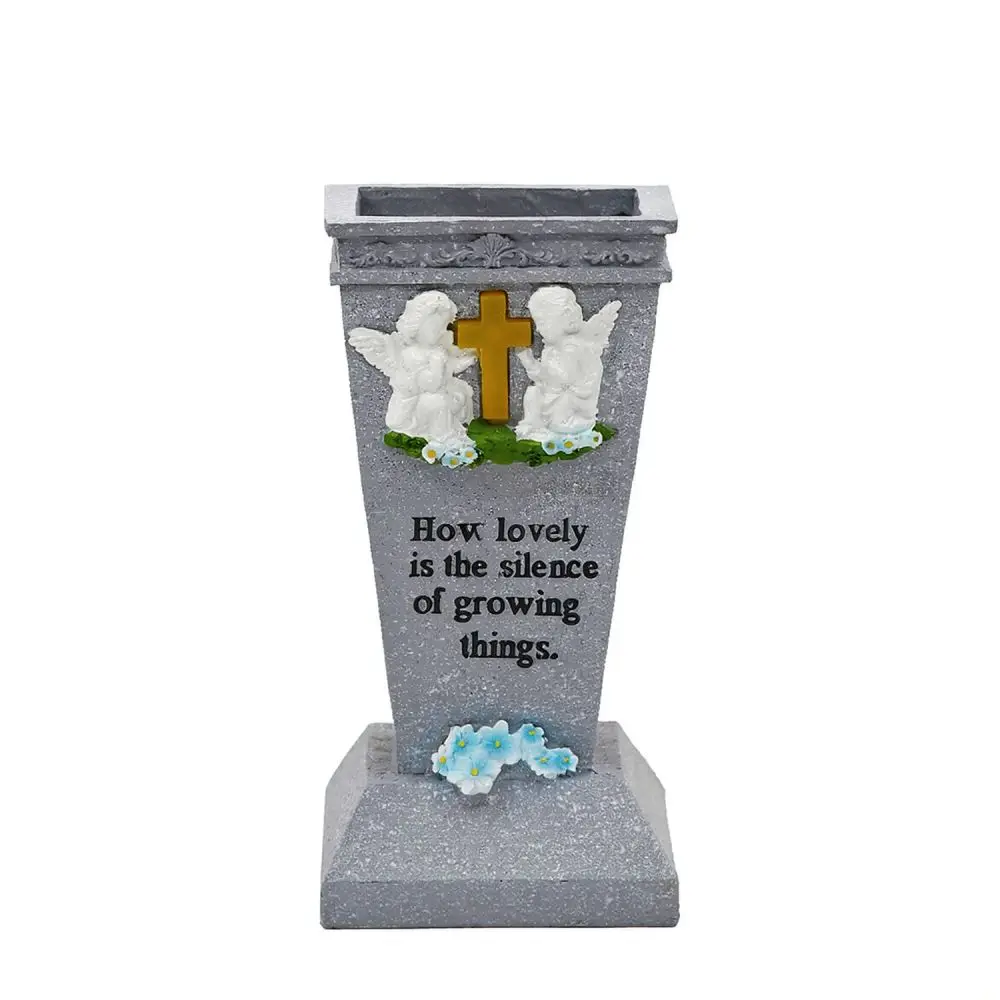Resin Memorial Grave Vase Solar Angel Cross Sculpture Weather Resistant Flower Pot For Garden Cemetery Decoration