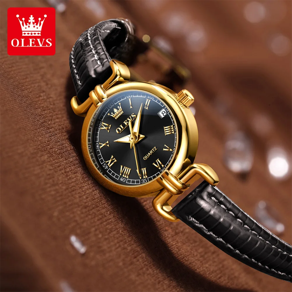 OLEVS 5645 Retro Quartz Wristwatch For Women Leather Strap Elegant Fashion Waterproof Watches Luxury Gold Case Ladies Watches