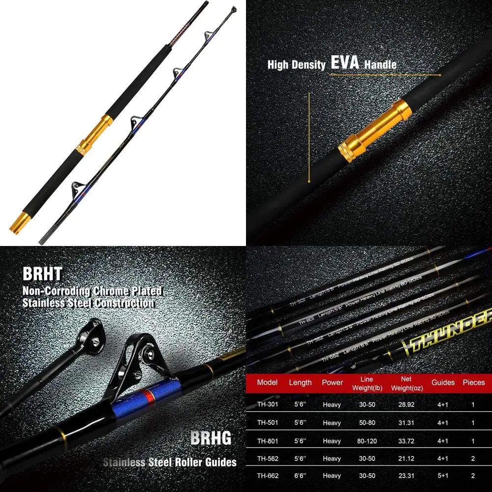 Heavy Duty Saltwater Trolling Rod for Big Game Fishing - 1 or 2 Piece Conventional Boat Fishing Pole with Roller Guide