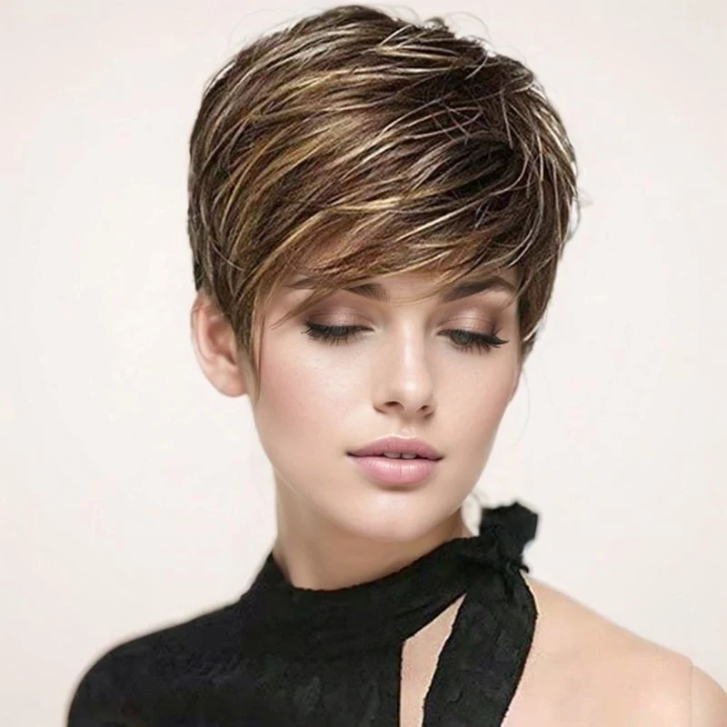 Women's short wig with side bangs, brown-gold color, made of thick high-temperature fiber