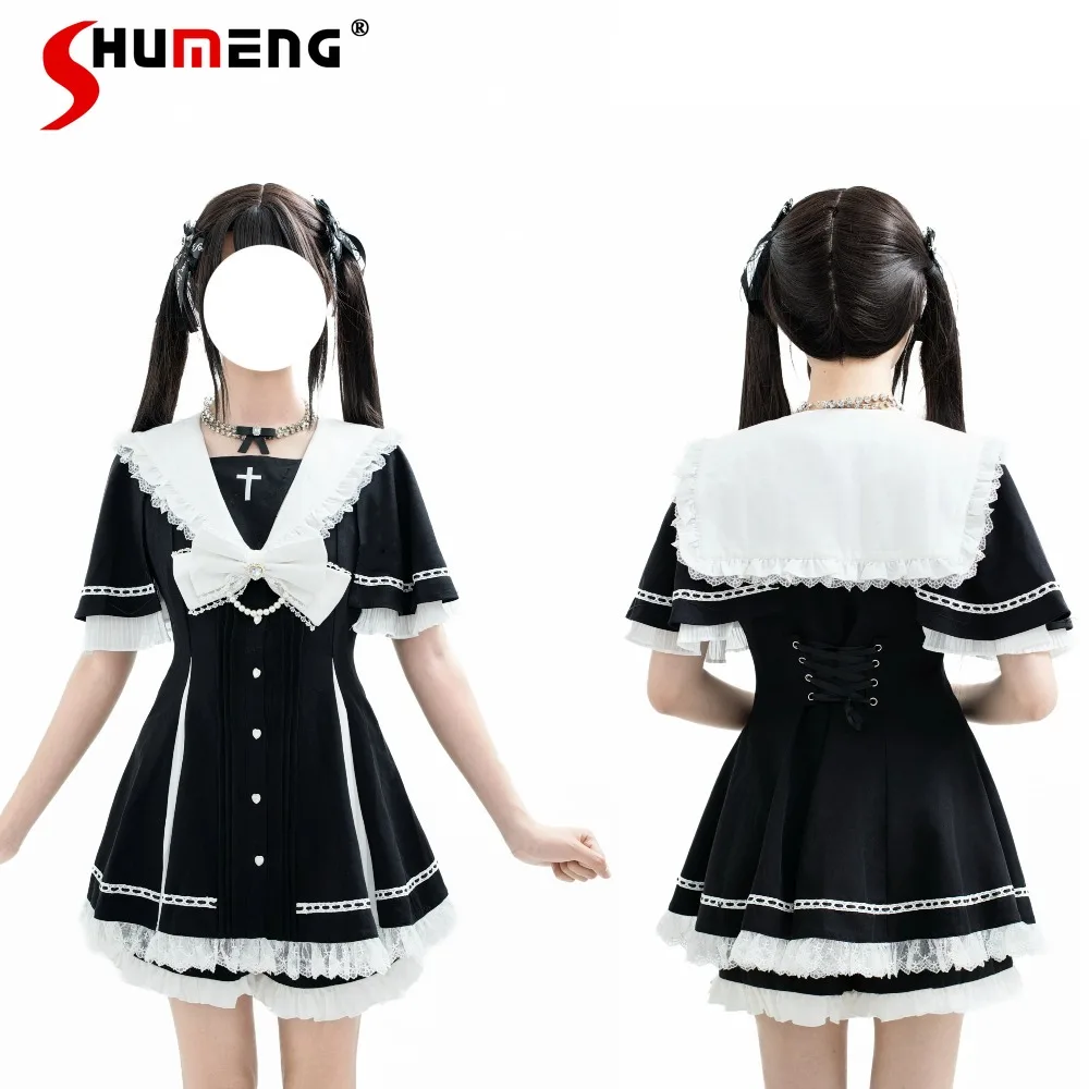 

Mines Style Mass-Produced Lolita Dress Set Cape Sleeve Navy Collar Bow Slim Short Dress High-Waisted Shorts Two-Piece Sets Women