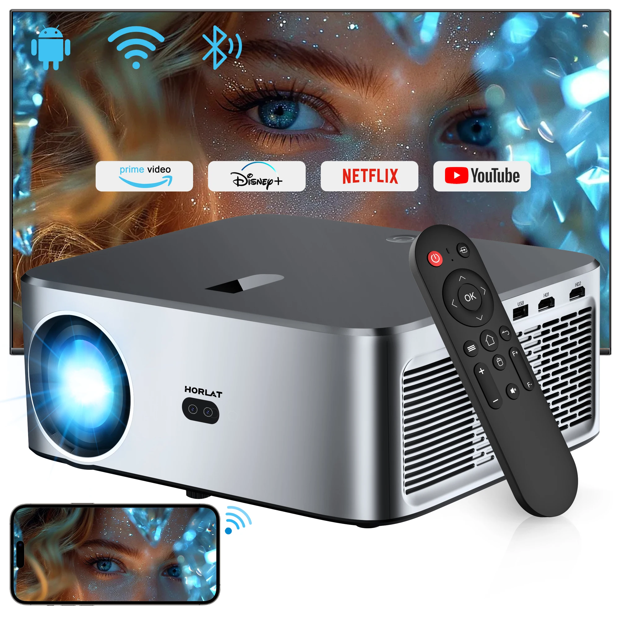 HORLAT 21000lm Android Projector LED Full HD 1080P 4K Video Home Theater Auto Focus Keystone 5G WiFi Portable Beamer Proyector