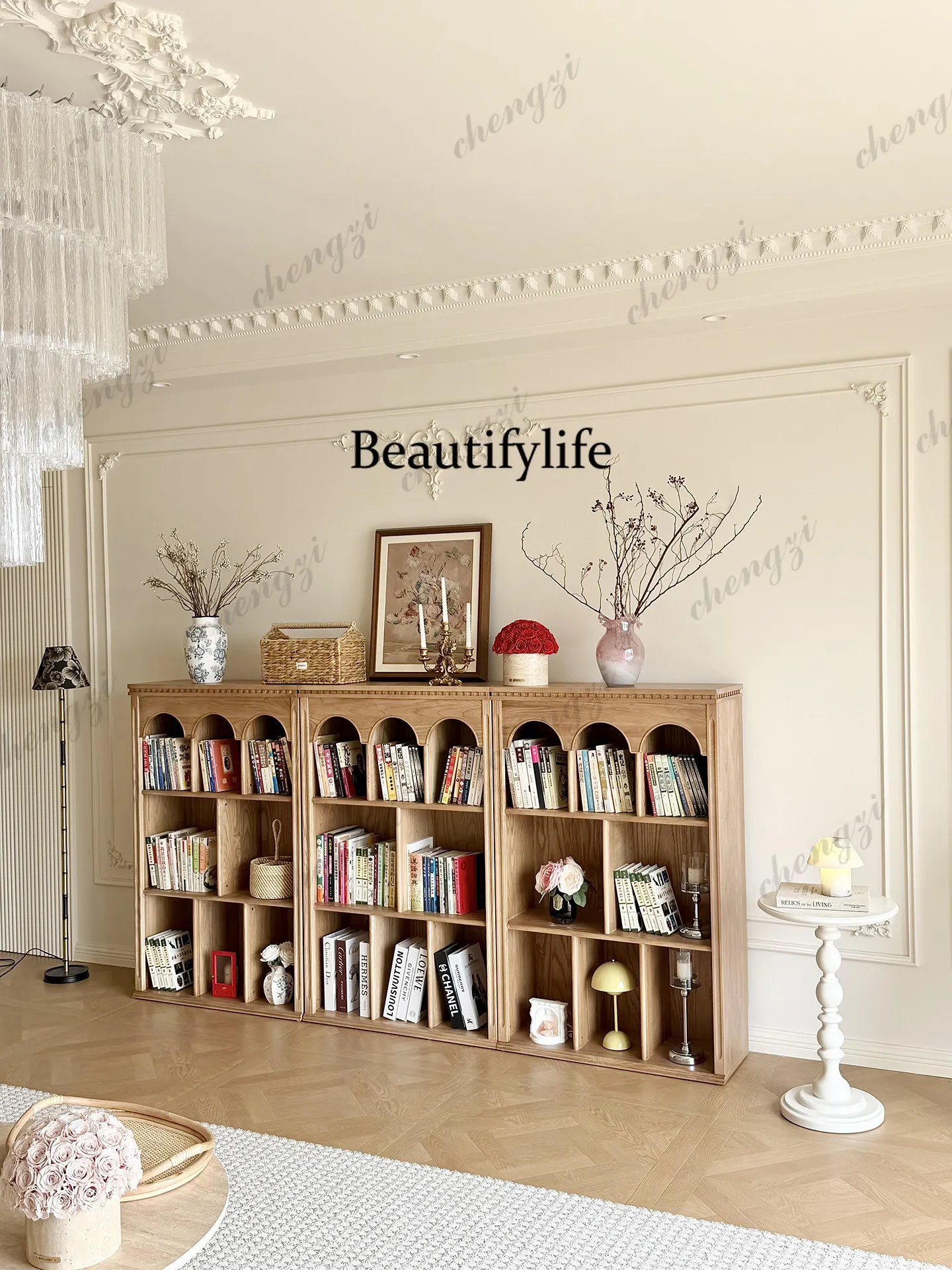 French natural wind all solid wood whole wall bookcase household living room study storage combination cabinet