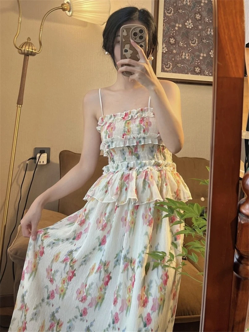 Zoet meisje print bloemen ruches lange jurken vrouwen zomer elegante stijlvolle chique spaghetti jurk strapless vestidos s-3xl