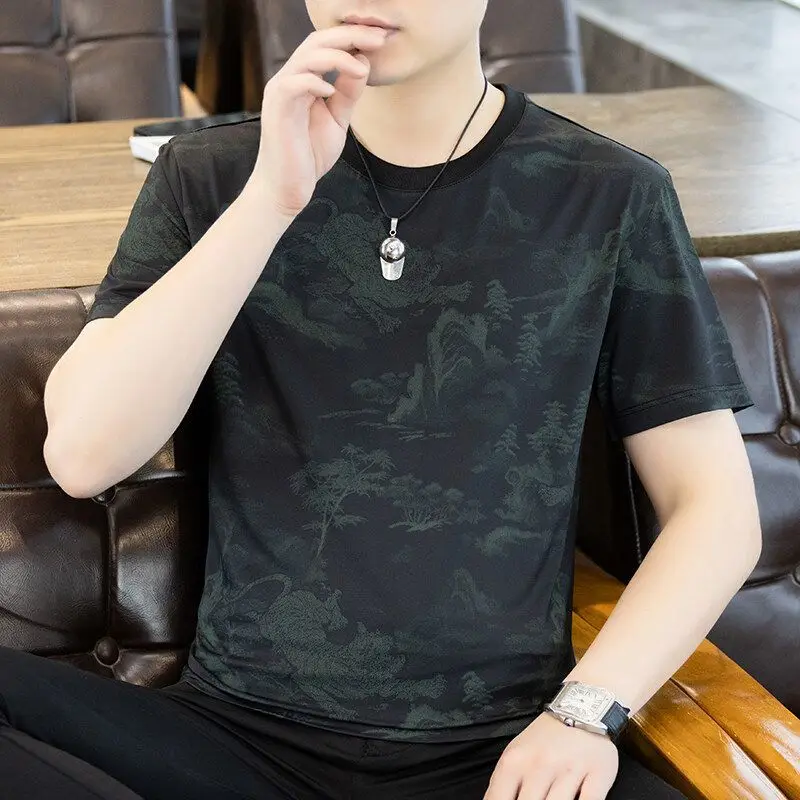 Summer Men's Short Sleeve T-Shirt Round Neck Ice Fabric Lightweight Breeze Cool Chinese Landscape