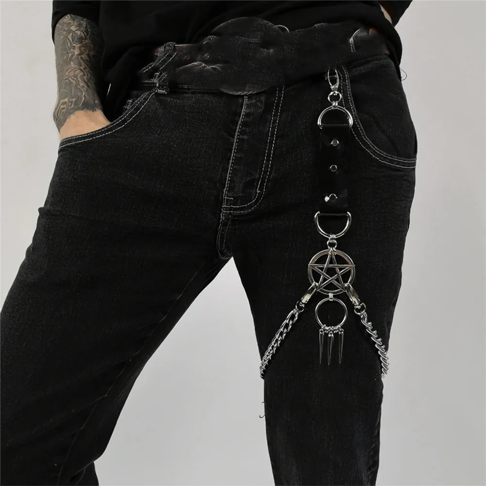 Fashion Chain Men Sexy Punk PU Leather Metal Chain Keychain Sissy Gay Thigh Harness Belt Men Pants Y2k Accessories Bdsm Bondage