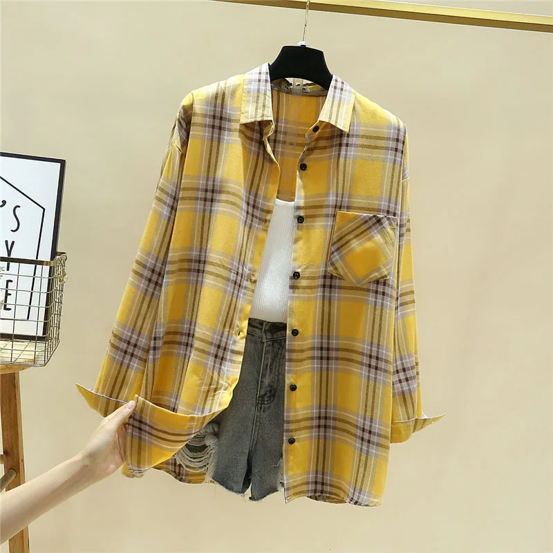 2024 New Casual Loose Women Plaid Shirt Lady Blouses Long Sleeve Shirts and Tops Oversized Female Cotton Checked Clothes