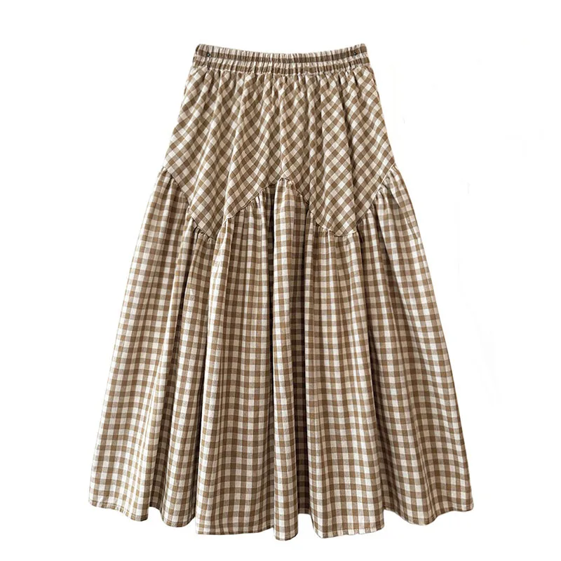 2025, neuer Luxus-Patchwork-Maxirock mit kariertem A-Linien-Kleid im Vintage-Stil mit hoher Taille