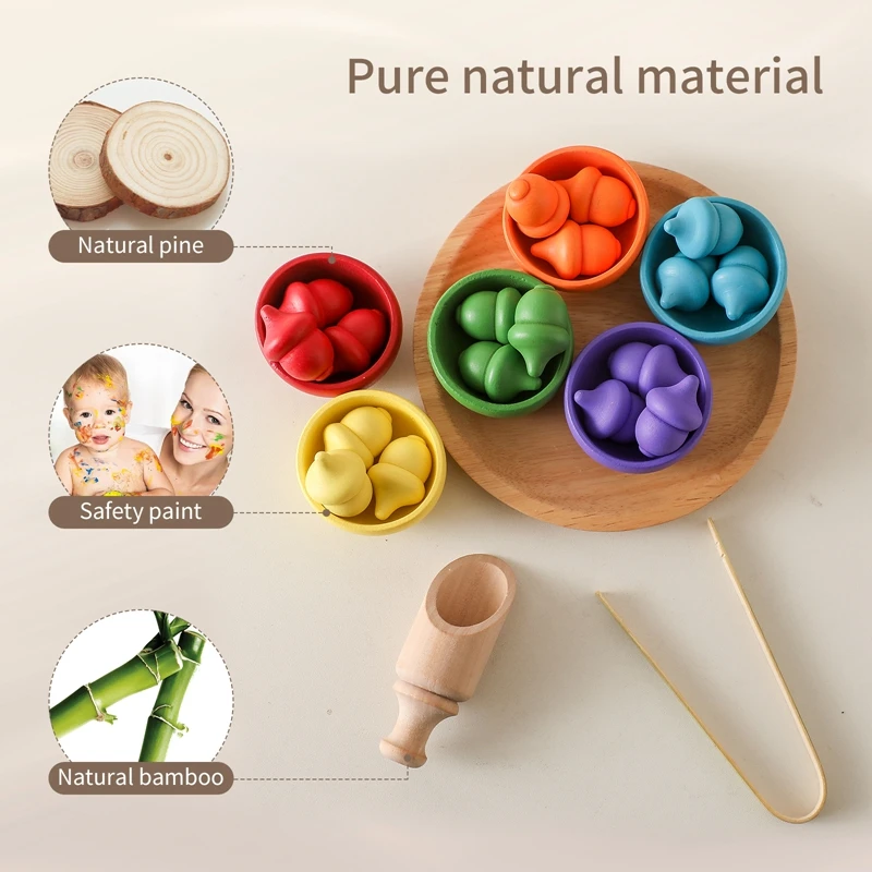 Montessori baby Wooden Collecting Acorn Toy Educational sorting Toy color cognition toy wooden bowl building blocks for Children