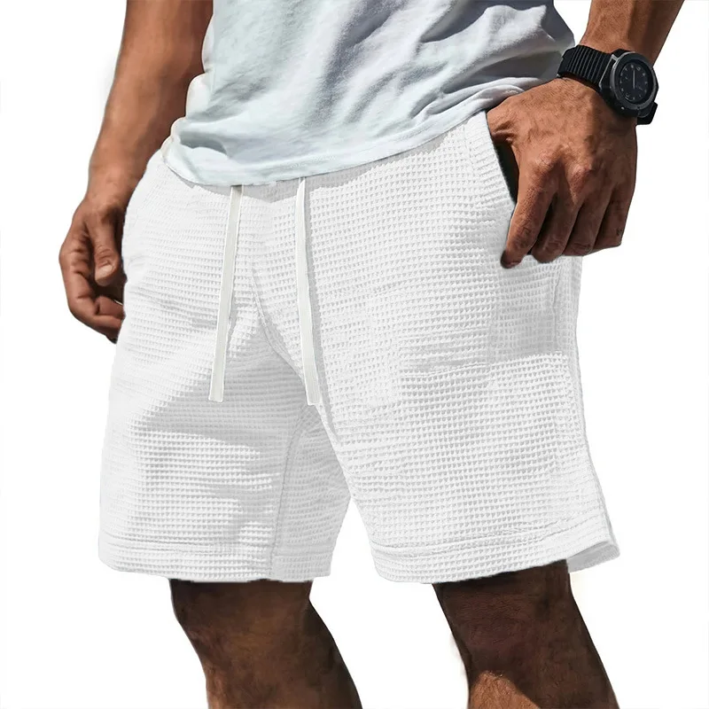 European American Style Summer New Fashion Men's Solid Color Casual Daily Trendy Simple Basic Drawstring Knee Length Shorts Male