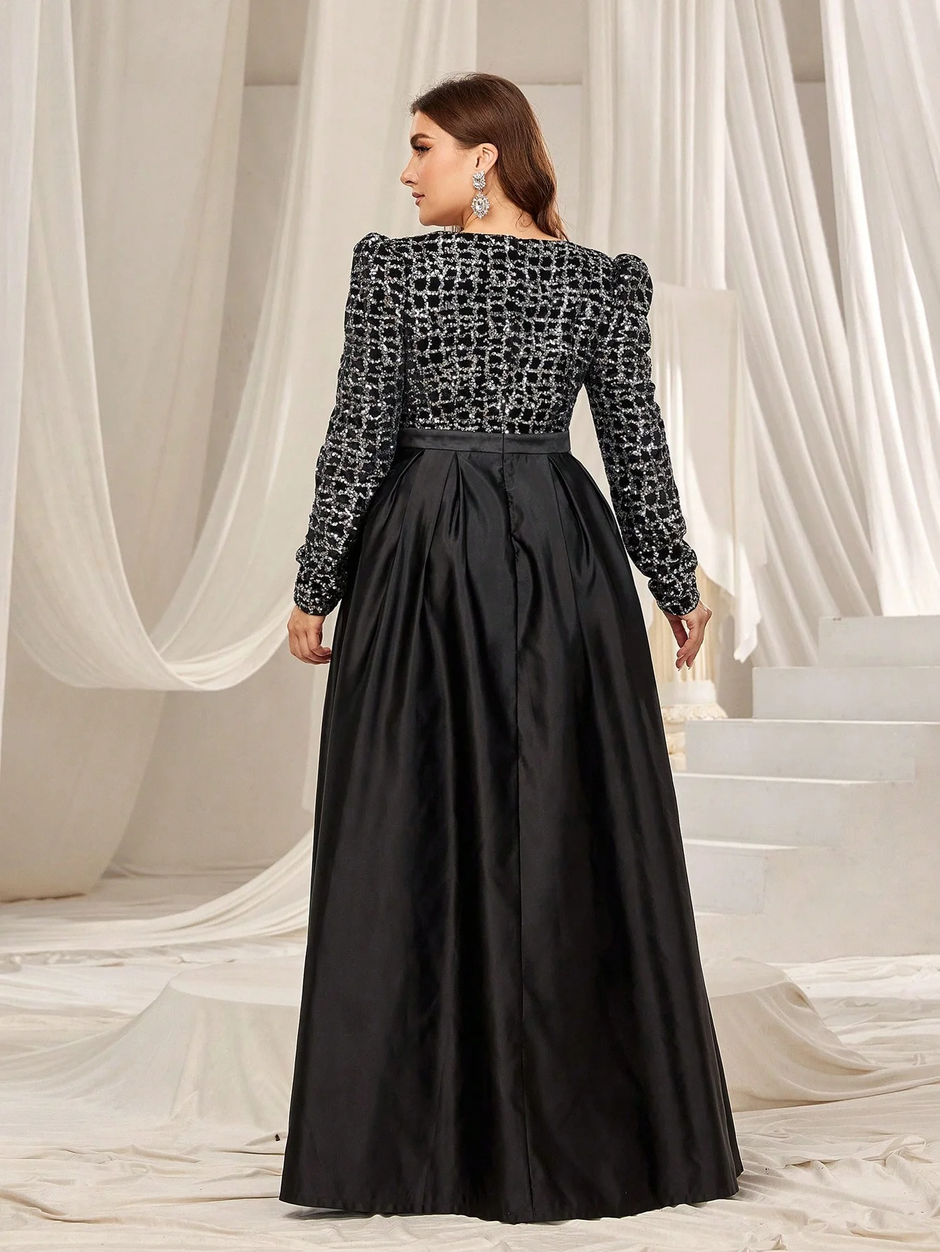 Robe formelle à paillettes, manches Gigot Plus, abonnés