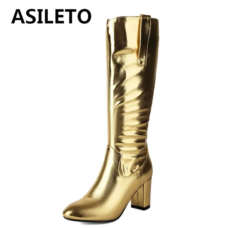 

ASILETO Brand Sexy Female Knee High Boots Round Toe Block Heels 8cm Zipper Plus Size 44 45 46 Fashion Dating Party Winter Bota