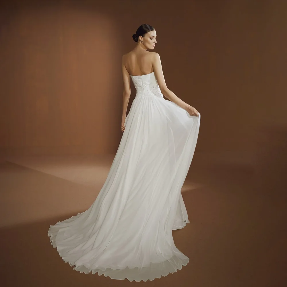 Novo branco frisado sem alças chiffon vestido de casamento com capa destacável a linha vestido de noiva sem mangas sem costas vestidos de noviaNovo Branco Beaded Strapless Chiffon vestido de noiva com Cape desmontável