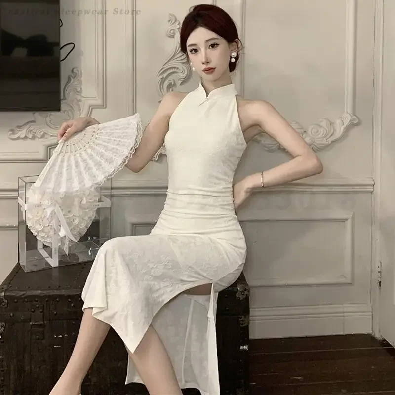 

Fashion Jacquard Dress Sexy Slim Fit Wrapped Hip Qipao New Chinese Style Sleeveless Cheongsam Traditional Evening Party Gown