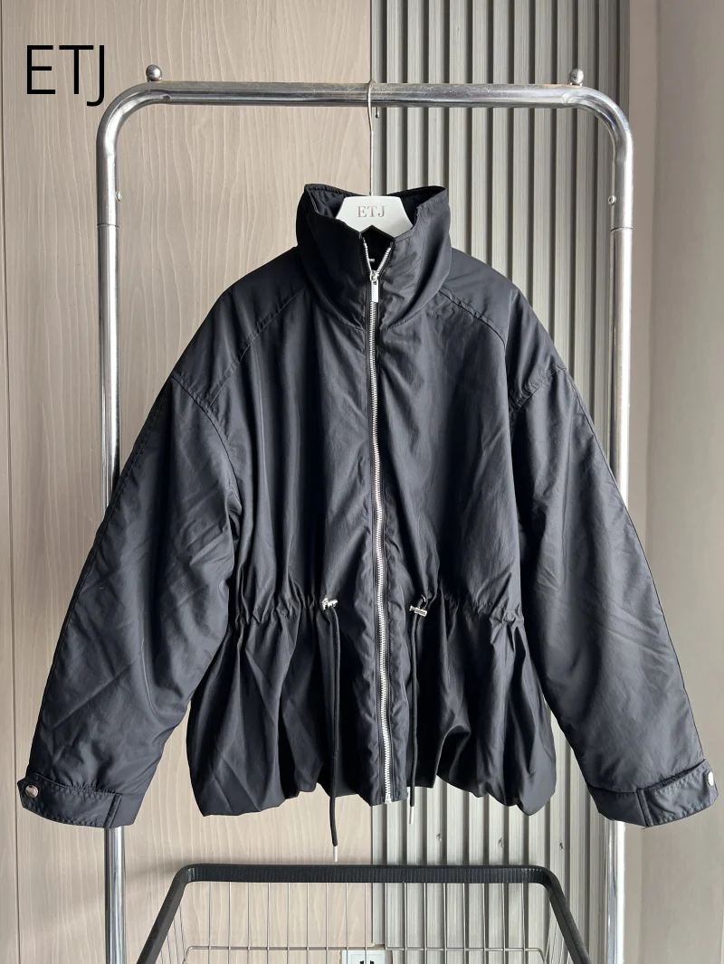ETJ 2026 Women's Polyester Padded Jacket Stand Collar Drawstring Cinched Waist Peplum Hem Windproof Water Resistant Coat