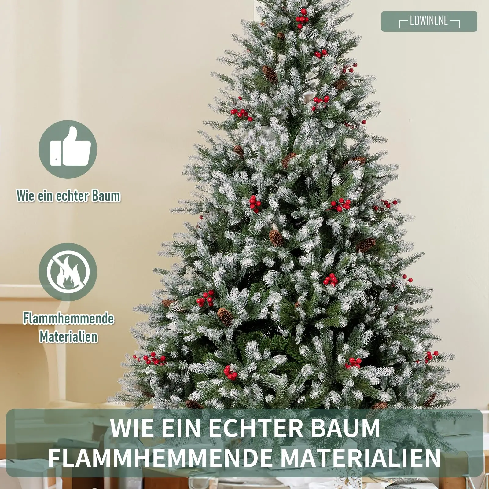 Artificial Christmas Tree 150 cm Densely Filled Branches Premium PE/PVC Christmas Tree with Pine Cones and Red Berries