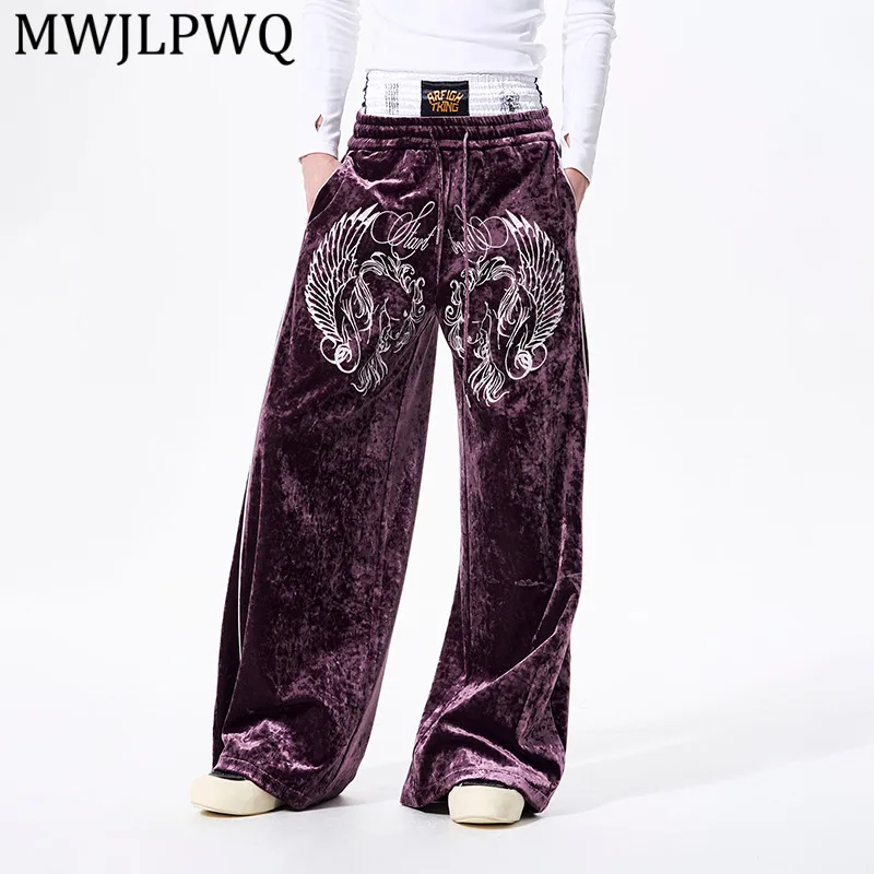 

MWJLPWQ Vintage Velvet Sweatpants For Men Heavy-Duty Embroidery Design Streetwear Draped Casual Pants Spring Autumn Trend 14237