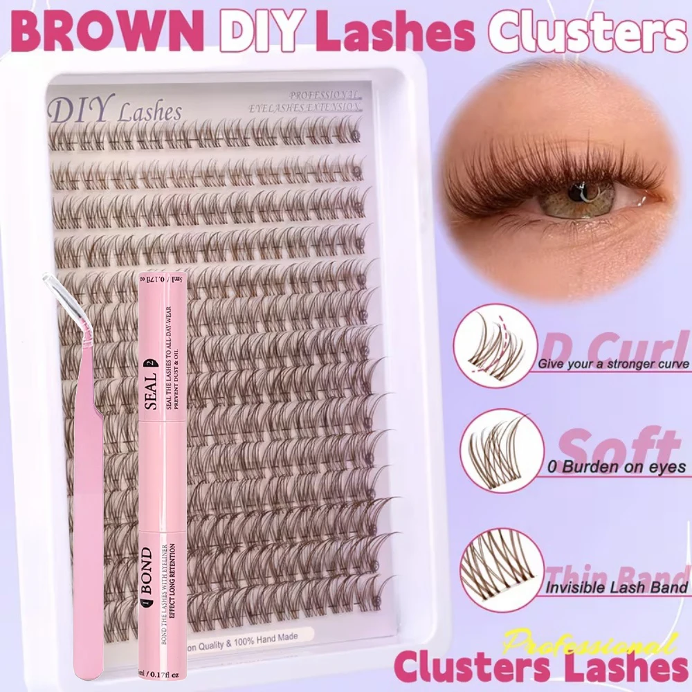 1 box of brown set with 140 eyelash clusters, natural clustered eyelashes+double headed glue+special eyelash clip, clear and lig