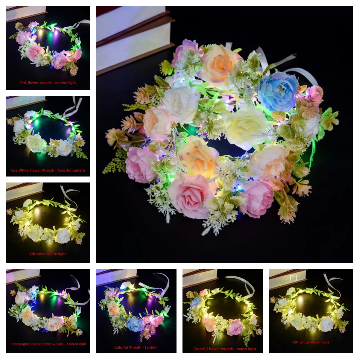 

[YU]Wedding Party Colored/Warm Light LED Cloth Rose Flower Tiara Headband Wreath Garland Girls Crown Headdress Hair Accessories