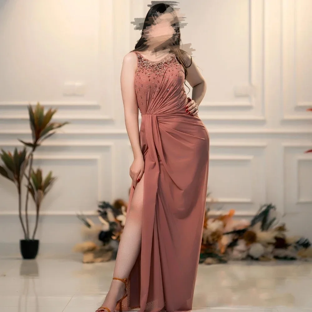 

Elegant long chiffon sequin bead dress A-line O-neck pleated evening dress formal party dance dress customization