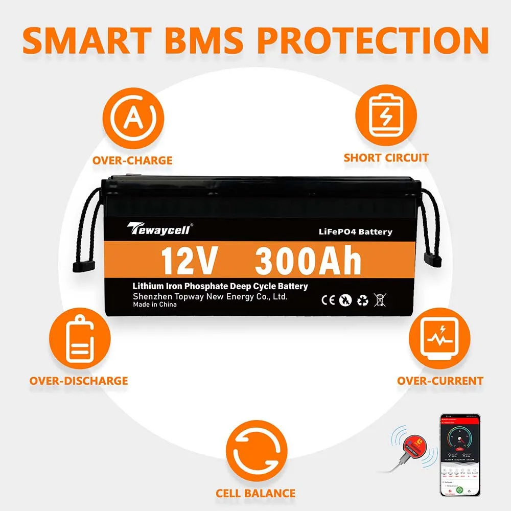 Tewaycell 12v 300ah lifepo4 bateria lítio ferro fosfato bluetooth grau a bms embutido para sistema de energia solar rv sem impostos