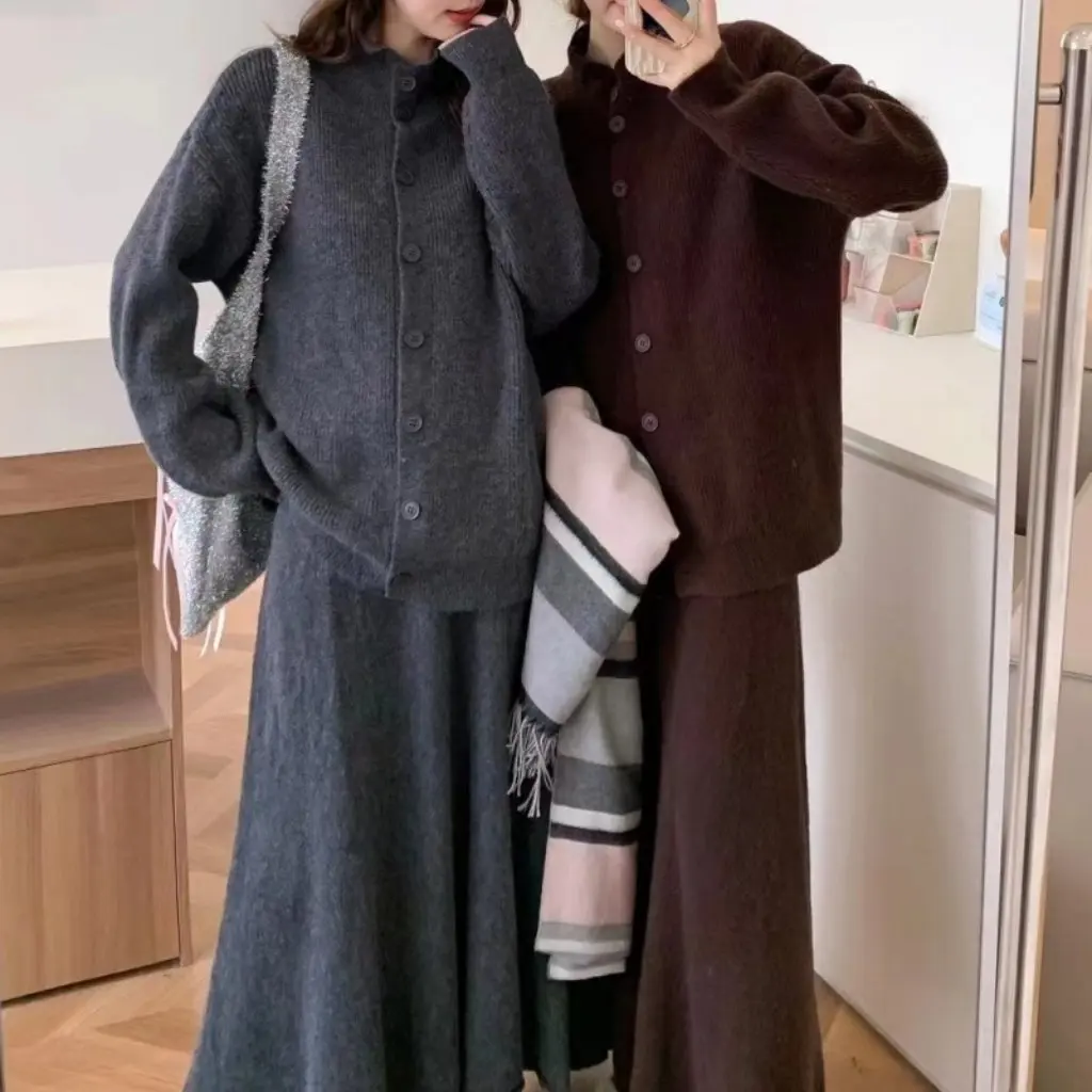 

New Korean-Style Women's Knitted Sweater Cardigan Skirt Two-Piece Set Gentle Autumn Winter Fashion