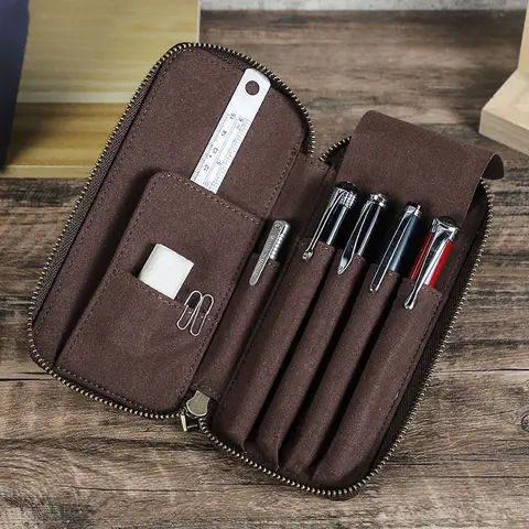 Genuine Leather Pencil Case with 4 Slots Handmade Multifunctional Zipper Fountain Pen Bag Student Stationery Pen Box