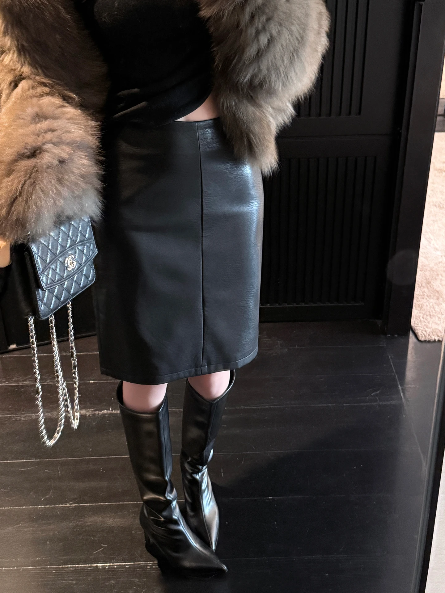 

Laareetoo Bla PU Leather Wrap Skirt Ele Mid-Length Autumn Winter Women's Faion Slimming Midi Skirt Ci Commute