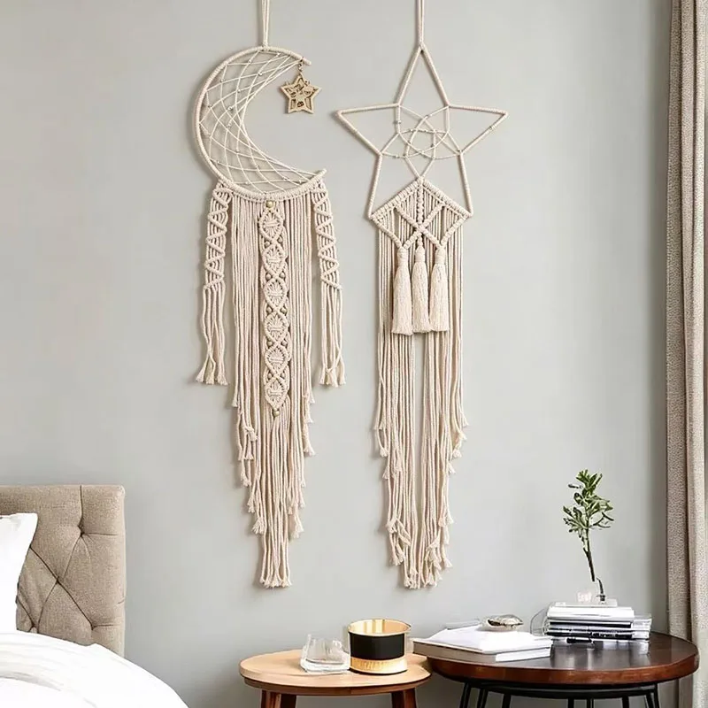 Macrame Dream Catcher Boho Home Decor Starry Moon Ramadan Decoration Cotton Rope Woven Tapestry Wall Hanging Nordic Room Decor