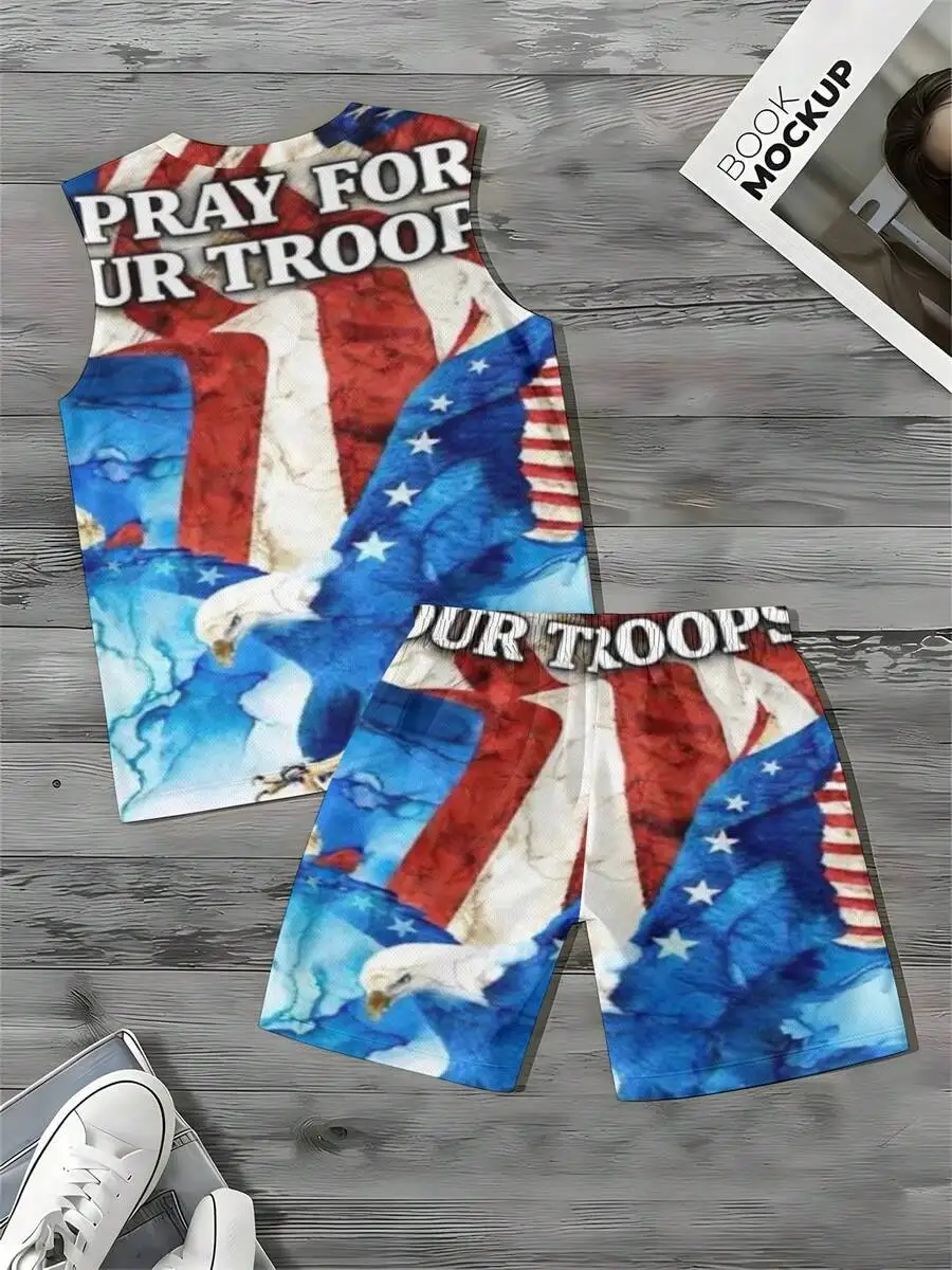 American Flag Eagle Design 2026 European & American Spring Summer Autumn New Style Men's Tank Top And Beach Shorts Set view 5