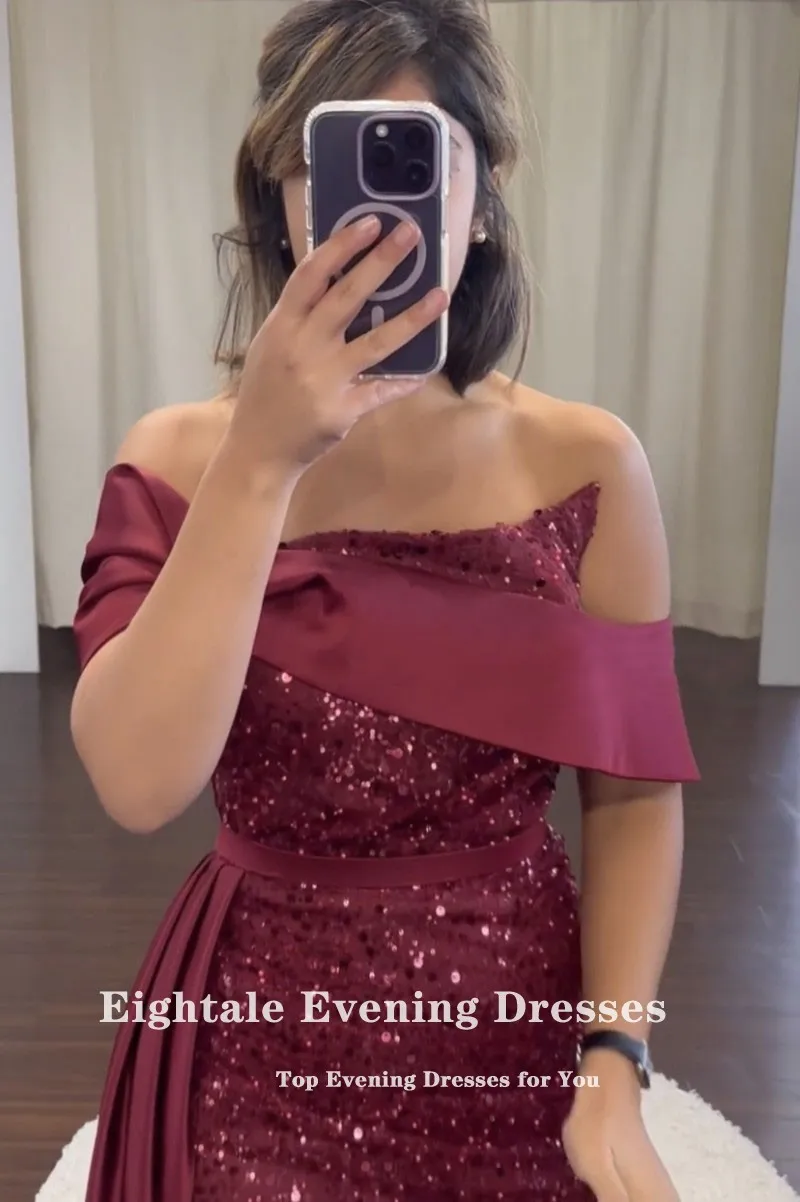 Eightale Luxury Evening Dresses Arabic off Shoulder Satin Burgundy Custom Made Color and Size Mermaid Prom Wedding Party Gown