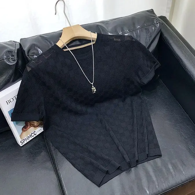 American new light luxury knitted sweater short-sleeved T-shirt men's summer hollow breathable plaid slim-fitting versatile