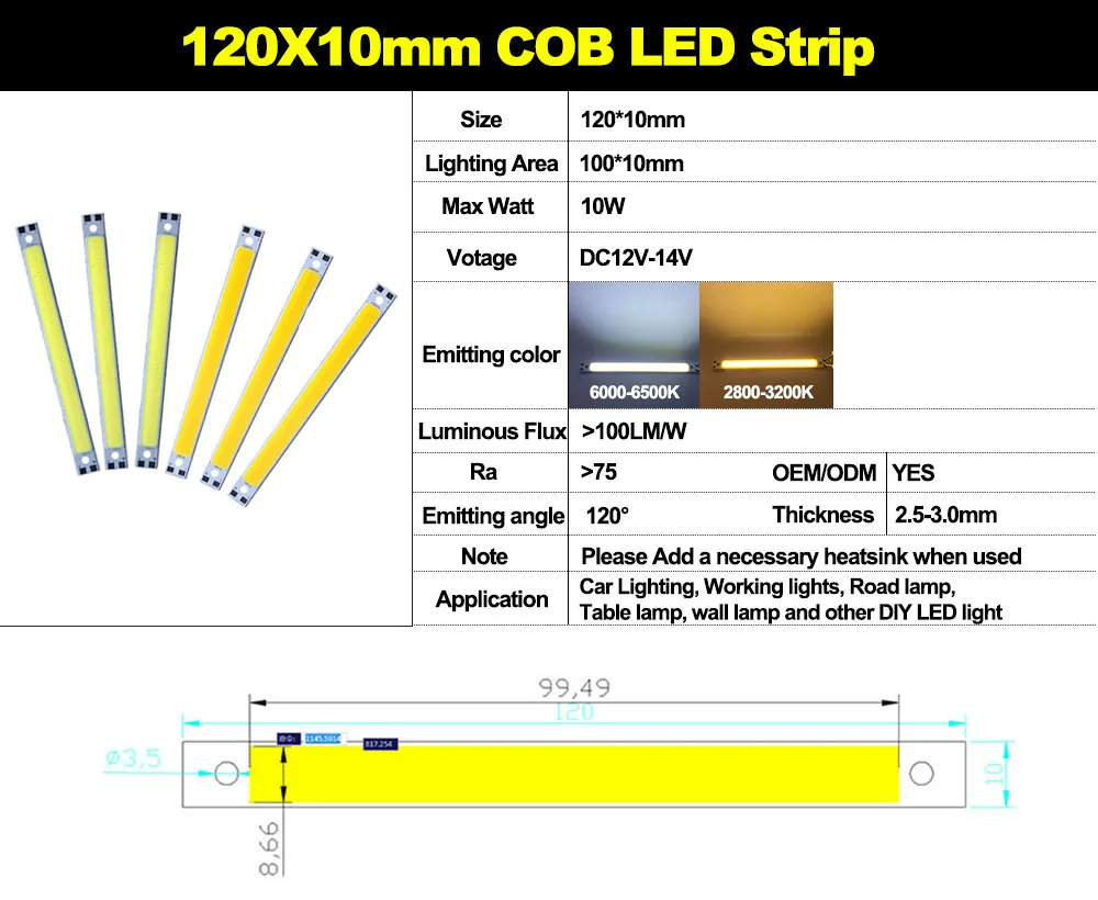 12V COB LED Strip Light 200x10mm or 120x10mm Lamp Emitting Diode 10W 1000-1500LM  Warm Neutral White Cold 6500K For Car Lighting