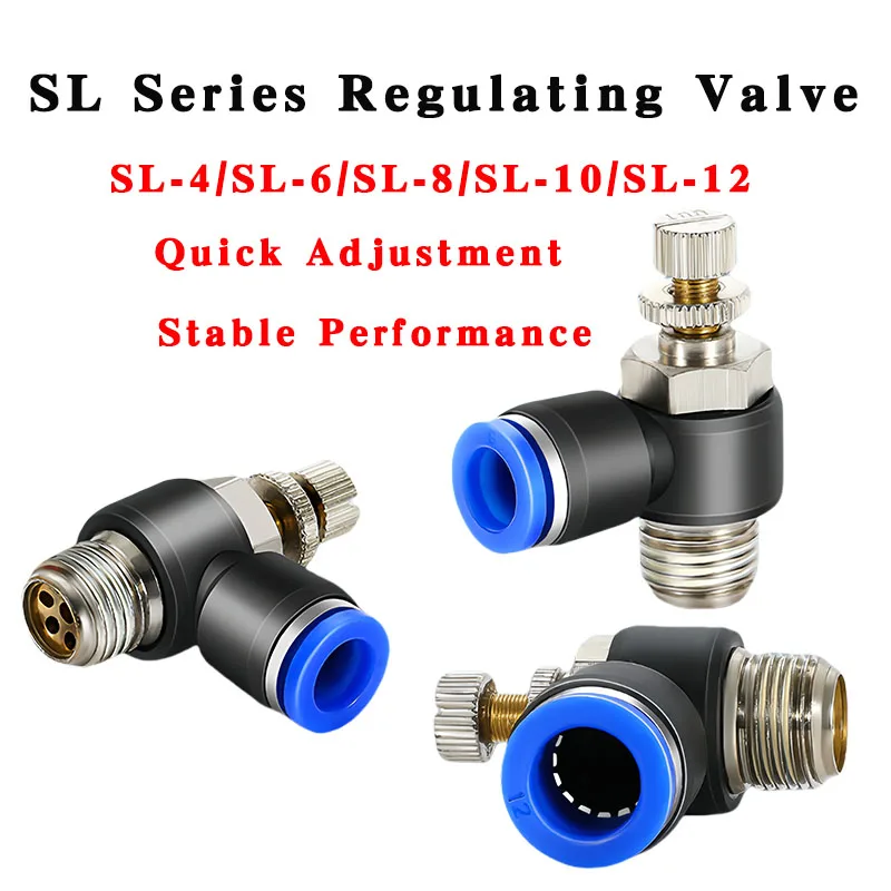 

5PCS SL Series Brass Throttle Valve with 90° Elbow Control Valve Push-In OD 4/6/8/10/12mm Industrial Air Speed Regulating Valve