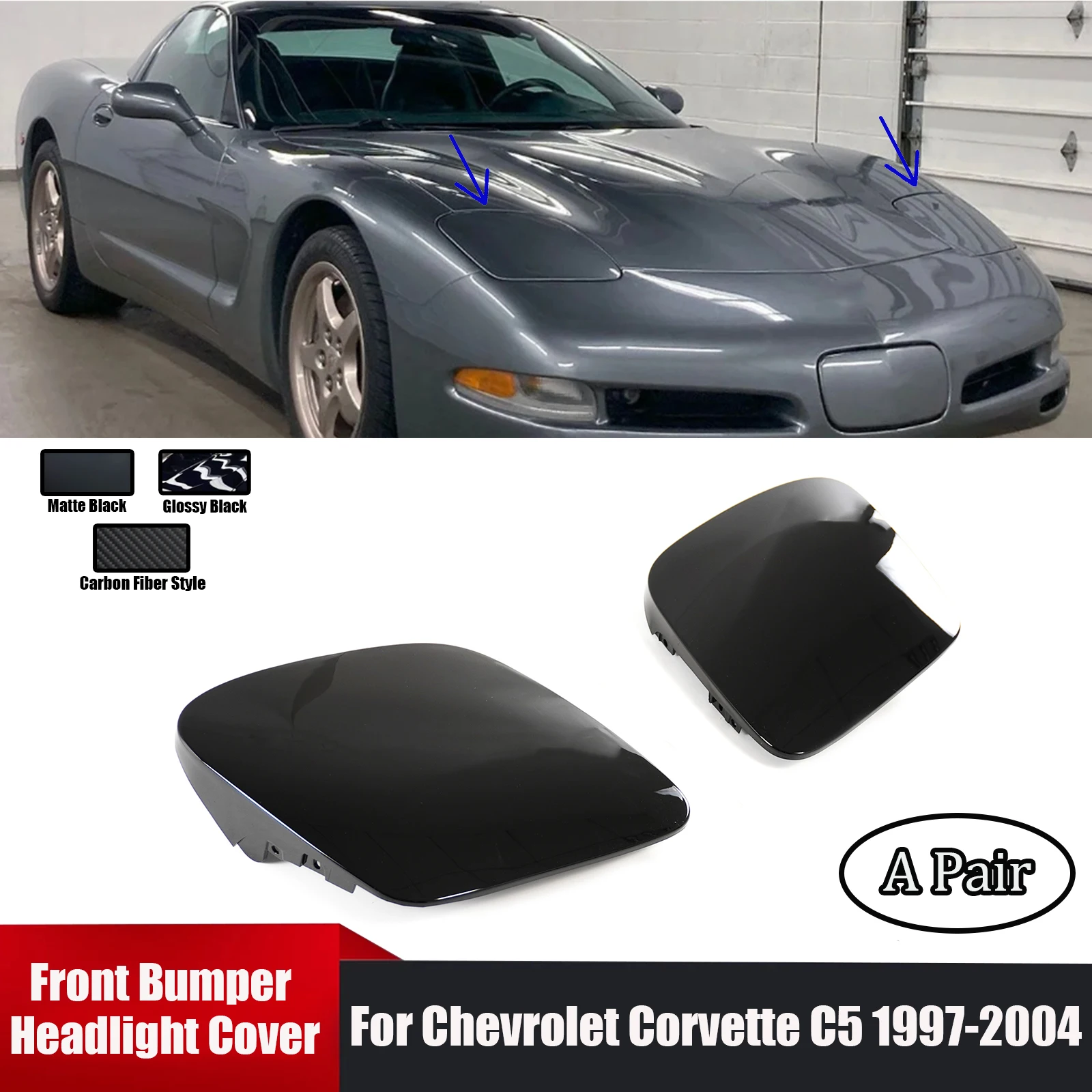 

A Pair For Chevrolet Corvette C5 1997-2004 Front Bumper Headlight Cover Car Accessories Matte/Glossy Black Carbon Fiber Style