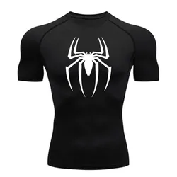2024Men's Spider Print Compression Shirt, Quick Dry T-Shirt, Gym Running Jersey, Breathable Short Sleeve, Spring, Summer, M-3XL