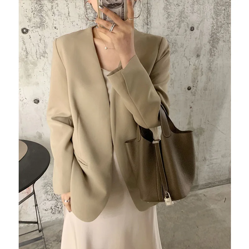 

2024 Spring Women Vintage Khaki V-neck Collarless Blazer Korean Style Suit Coats Loose Straight Jackets Workwear Clothing